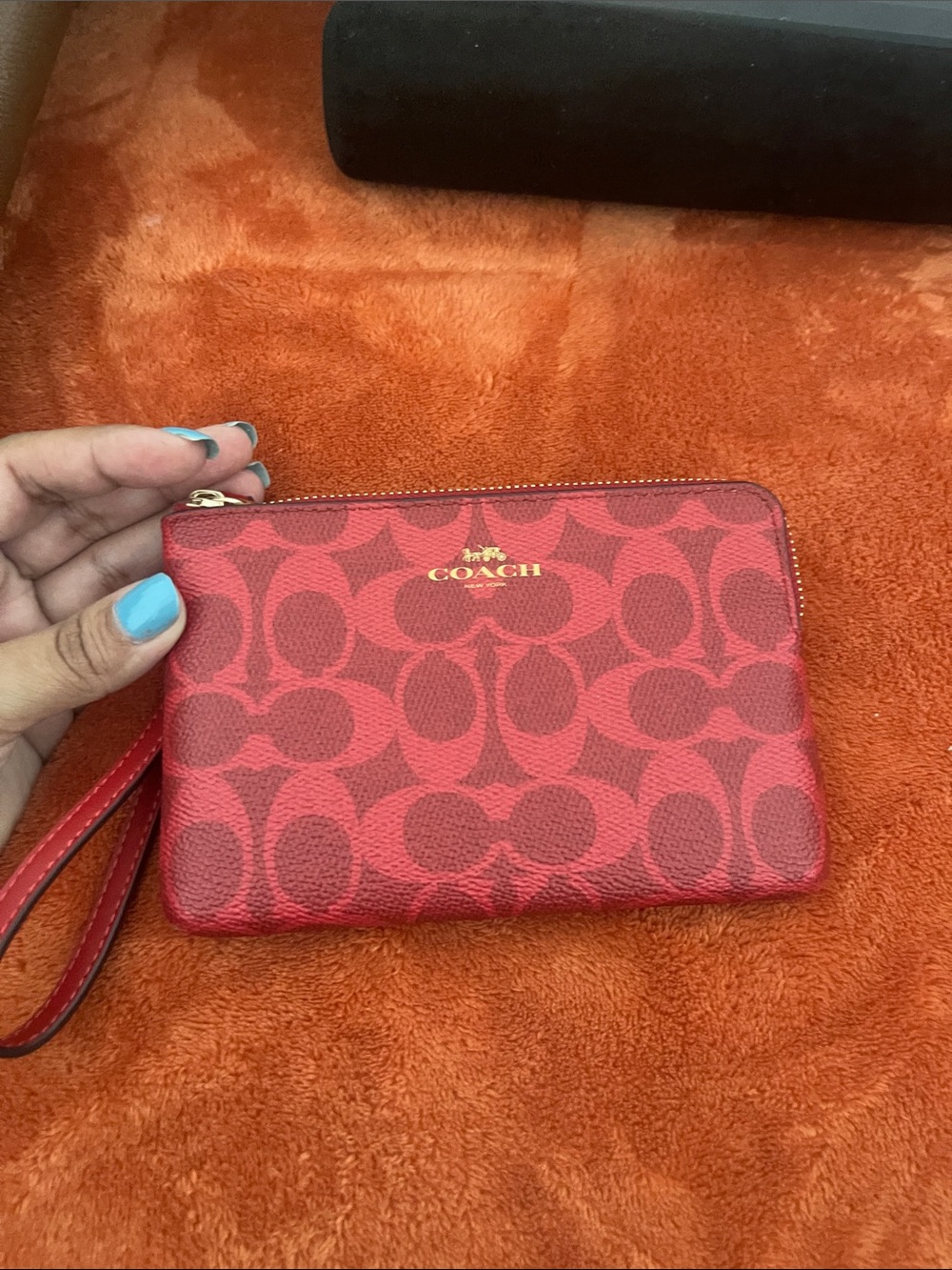 Coach Red Signature Zip Wristlet with Gold Logo